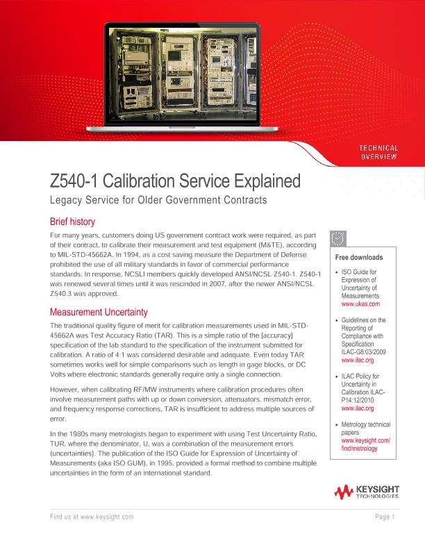 Z5401 Calibration Services PDF Asset Page Keysight